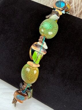 Green Artisan Bohemian Chic Multi Material Beaded Bracelet